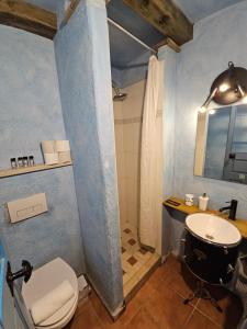 a blue bathroom with a toilet and a sink at ArtRock Residence in Izola