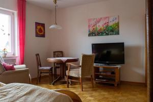a living room with a television and a table with chairs at Ferienwohnung Monteurwohnung in Ankum