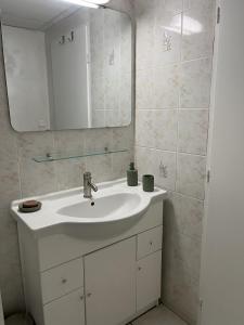 Un baño con un lavabo blanco y un espejo. en La Petite Baratte, en Beure