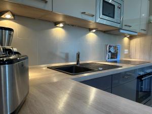 a kitchen with a sink and a microwave at Lontargos OG Wohnung in Göhren-Lebbin +13 photos