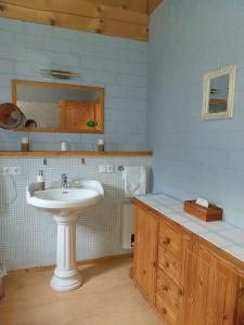 a bathroom with a white sink and a mirror at Landhaus Vreburg in Butjadingen