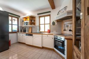 a kitchen with white cabinets and a black refrigerator at Ackerweg, App 03 in Ueckeritz