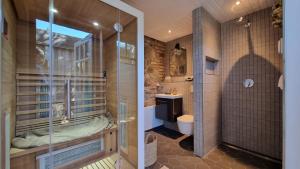 a bathroom with a shower and a toilet and a sink at Am Rieck - Ferienhaus "GR 1904" in Zempin