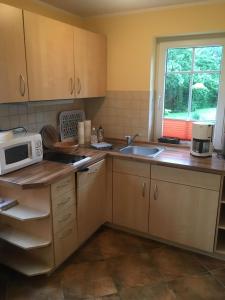 een keuken met een spoelbak en een magnetron bij Ferienhaus zur Kranichweide in Bodstedt
