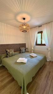 a bedroom with a large green bed with a chandelier at Apartamento Elurra in Formigal