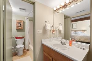 a bathroom with a sink and a toilet and a mirror at Tahoe Keys Marina View - 3 BDR Desirable Community in South Lake Tahoe