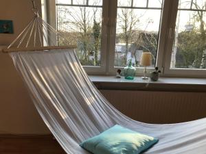 a hammock in a room with a window at Ferienappartement Seegaard in Husby +24 photos