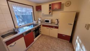 eine kleine Küche mit Spüle und Mikrowelle in der Unterkunft Ferienhaus am Müritz Nationalpark in Waren (Müritz)