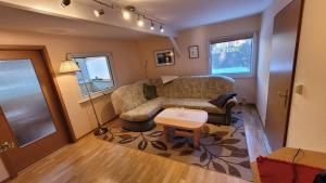 ein Wohnzimmer mit Sofa und Tisch in der Unterkunft Ferienhaus am Müritz Nationalpark in Waren (Müritz)