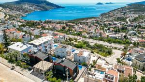 an aerial view of a city with the ocean at Villa Elmas in Kalkan
