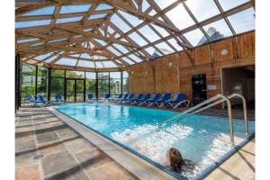 MonterblancCamping Monterblanc的一座大型游泳池,里面养着一条狗