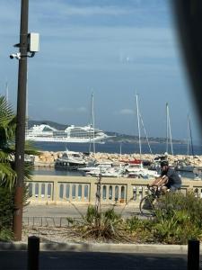 Un hombre andando en bicicleta frente a un puerto deportivo en Joli appartement climatisé bord de mer emplacement idéal, en La Ciotat