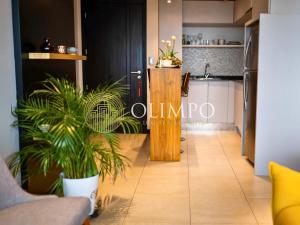 a living room with a kitchen and some plants at Suite moderna con vista a la ciudad y al río en Puerto Santa Ana in Guayaquil