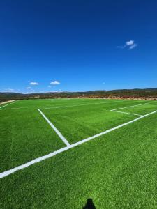 a shadow of a person standing on a soccer field at Villa con piscina, campo fútbol y pádel in Mas dʼen Rieres