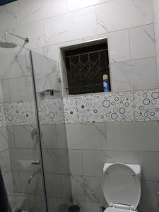 a bathroom with a shower and a toilet and a window at Crompton Apartment 786 in Durban