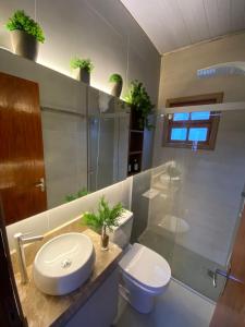 un bagno con un water, un lavandino e uno specchio di Chalé em Itu Aconchego e Diversão para Família e Pets a Itu