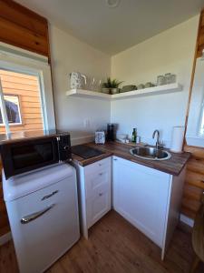 a small kitchen with a sink and a microwave at Hunts Point 1-BR Coastal Retreat - Cottage # 7 in Summerville Centre