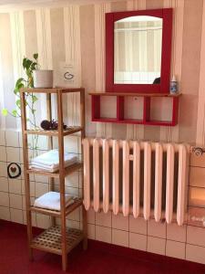 a bathroom with a towel rack and a mirror at Ferienwohnung Frohmut in Burg Stargard