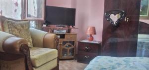 a living room with a tv and a chair and a lamp at Vila Elio in Pogradec +15 photos