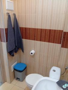baño con aseo y taburete azul en Lena, en Gdansk