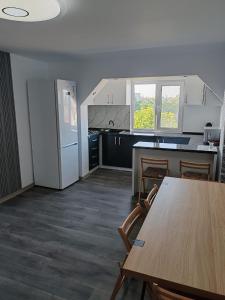 an empty kitchen with a table and a refrigerator at Dani-Mihaela in Jurilovca
