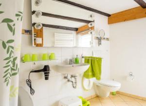 une salle de bain avec un lavabo et des toilettes dans l'établissement Stilvolles Ferienhaus in der Altstadt, à Röbel