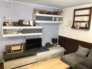 ein Wohnzimmer mit Fernseher und Sofa in der Unterkunft Il Rifugio della Baita in Viù