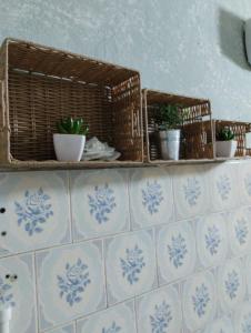 two baskets on a tiled wall with potted plants at Apartman Sweet Dreams in Svrljig