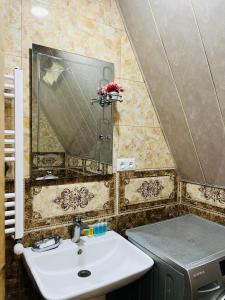 a bathroom with a sink and a mirror at Borjomi Twins in Sadgeri