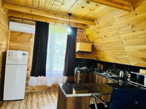 a kitchen with wooden walls and a white refrigerator at Borjomi Twins in Sadgeri +29 photos