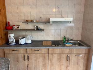 a kitchen with a sink and a counter top at Ferienunterkuenfte Feldmann in Korswandt