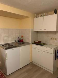 a small kitchen with white cabinets and a sink at Ferienwohnung R Packmohr in Ueckeritz
