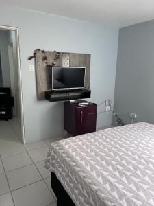 a bedroom with a bed and a flat screen tv at Duplex premium com garagem perto do centro 5 hósp. in Garanhuns +35 photos