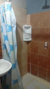 a bathroom with a shower curtain and a toilet at Hotel Victoria s Beach House in Roatán +75 photos