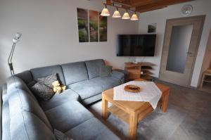 a living room with a gray couch and a coffee table at Nr 52 - Ferienhaus Marie-Ulfers-Weg in Carolinensiel
