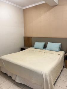ein Schlafzimmer mit einem Bett mit zwei blauen Kissen in der Unterkunft Apto de 2 habitaciones en el centro de Tarija! in Tarija