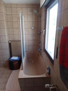 a bathroom with a tub with a shower and a window at Privatzimmer im Herzen von Lindlar in Lindlar