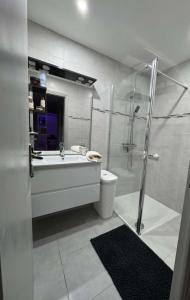 a bathroom with a sink and a shower at Appartement Valeria in Saint-Laurent-du-Var +8 photos