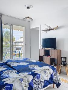 a bedroom with a blue and white bed and a television at Studio Coin Du Bonheur in Saint-François