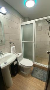 a bathroom with a toilet and a shower and a sink at Cozy Modern 3 Bedroom Apartment in Guatemala City in Santa Rosita