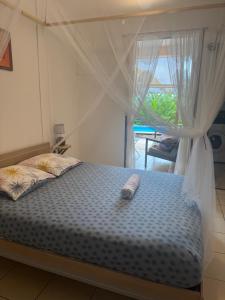 a bedroom with a bed with a curtain and a window at Les Ti Kaz a Papé in Deshaies +7 photos