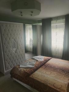 Un dormitorio con una cama grande y dos ventanas. en Children room Hunedoara, en Hunedoara