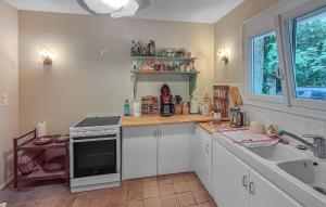 a kitchen with a sink and a counter with a microwave at Amazing Home In Névez With Wifi in Névez