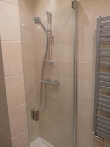 a shower in a bathroom with a glass door at Apartament Bluesky 500m od morza in Świnoujście +13 photos