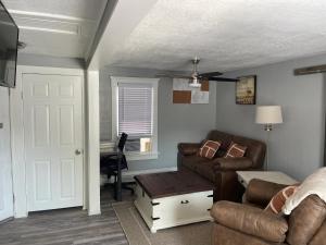 a living room with a couch and a table at Spacious 1 Bedroom Duplex in Lansing