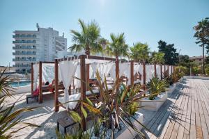 a patio with chairs and palm trees next to a pool at Hotel Ankaa - Adults Only in Porto Cristo