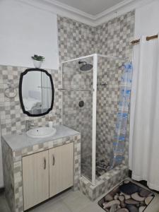 a bathroom with a sink and a shower with a mirror at Oasiselfcatering guest house in Vosburg