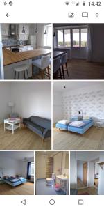 a collage of pictures of a kitchen and a room at Utbygårdens Hostel in Rättvik