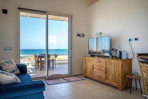 普拉塔莫纳Casa Ammos的客厅里有一张蓝色沙发和一台电视