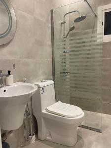 a bathroom with a toilet and a shower and a sink at شقة الردف in Taif +10 photos